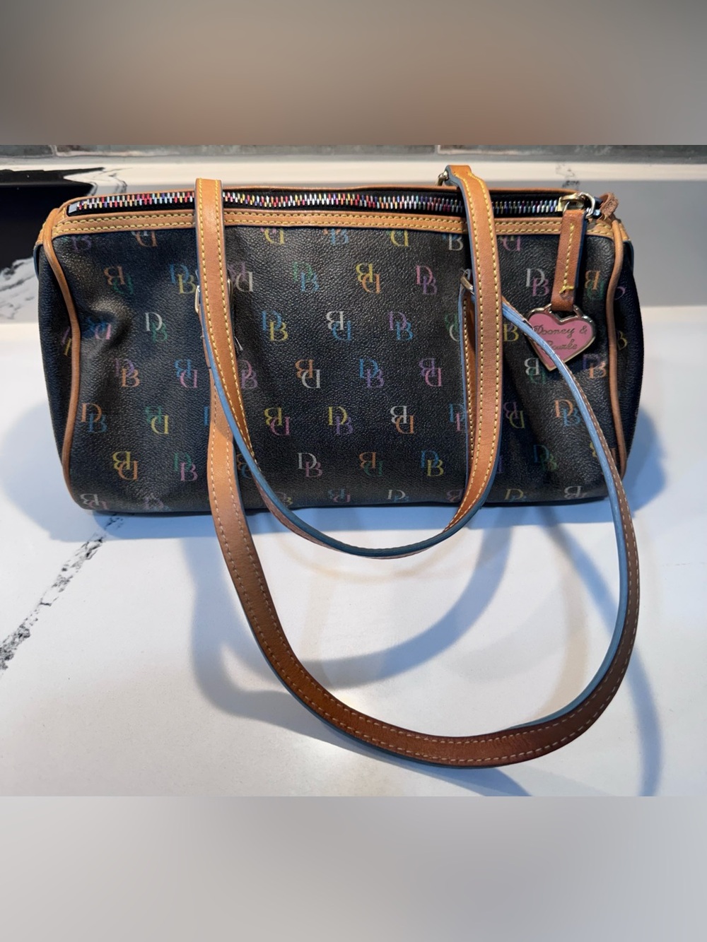 Dooney & Bourke Multicolor DB Monogram Bowler Shoulder Bag Heart Charm